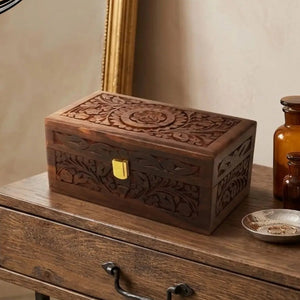 medium size hand carved rosewood keepsake box with floral detailing