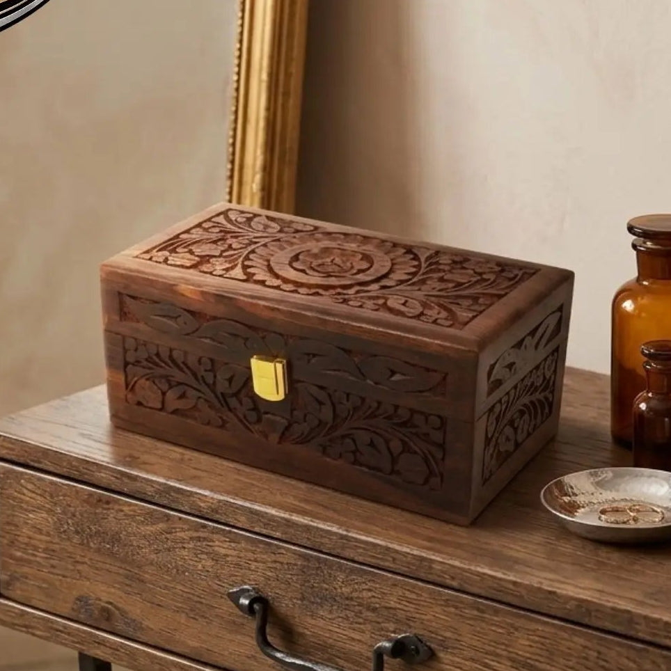 medium size hand carved rosewood keepsake box with floral detailing