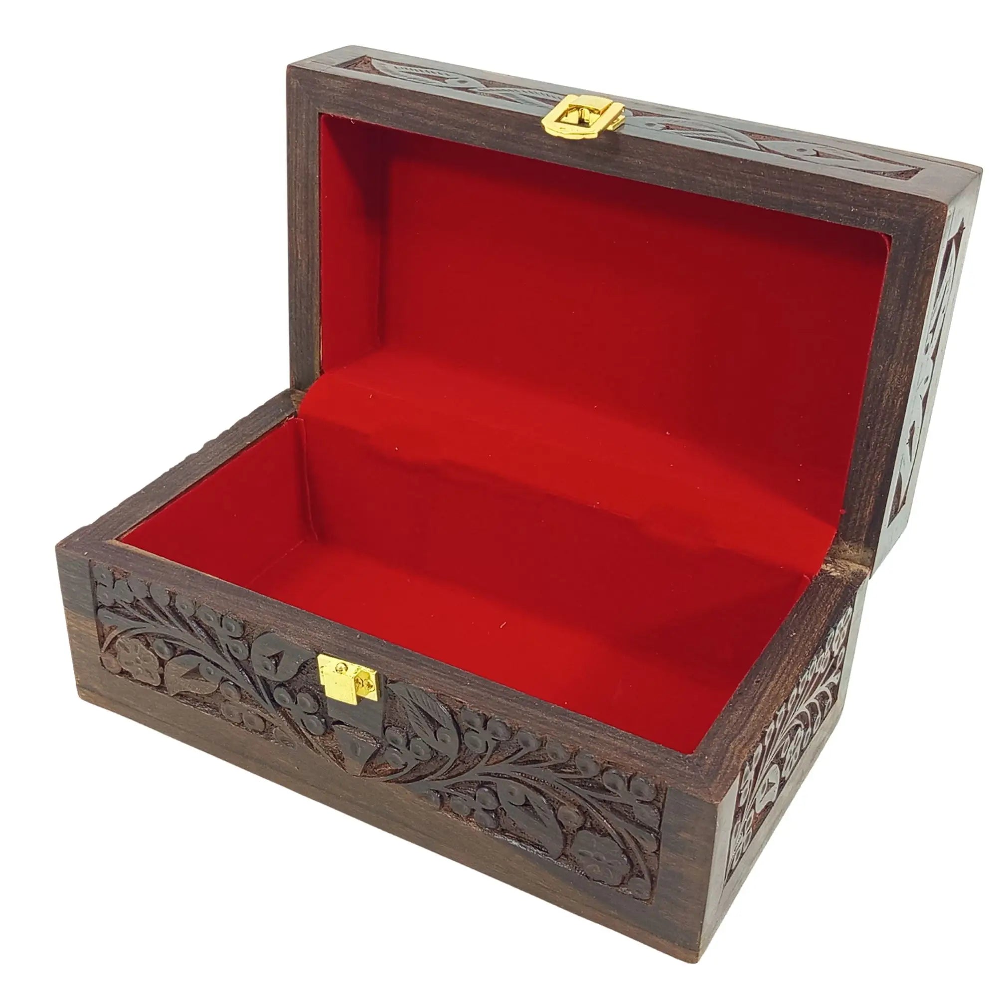 Wooden jewelry box with red interior and gold accents