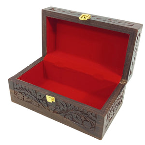 Wooden jewelry box with red interior and gold accents