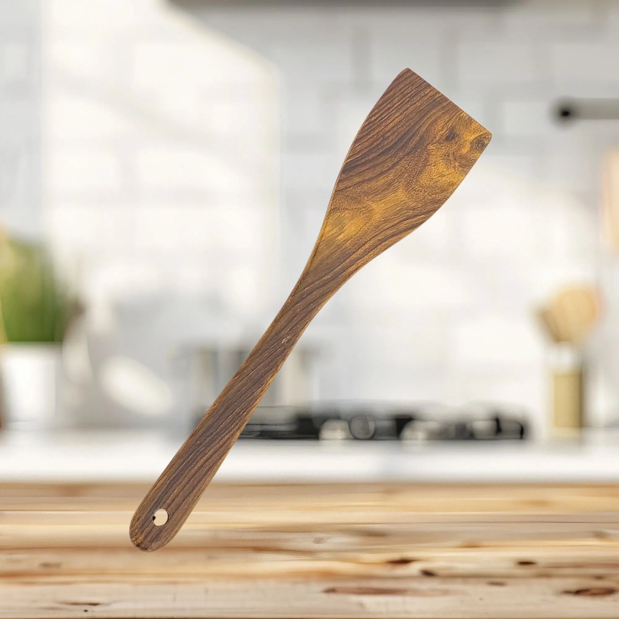 Rustic farmhouse kitchen utensil set with wooden holder