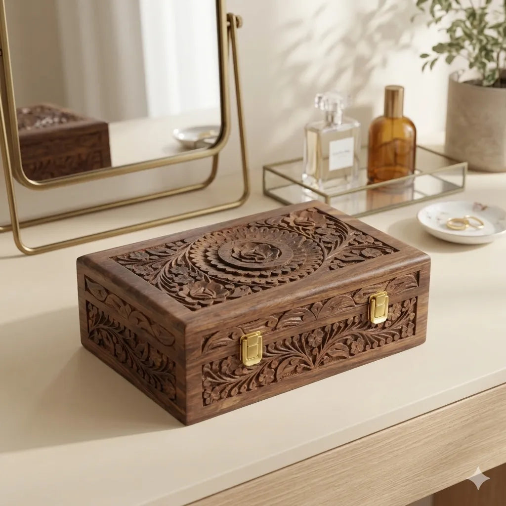 Large hand carved rosewood keepsake box with floral detailing