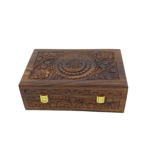 Rustic rosewood storage chest with artisan hand carving