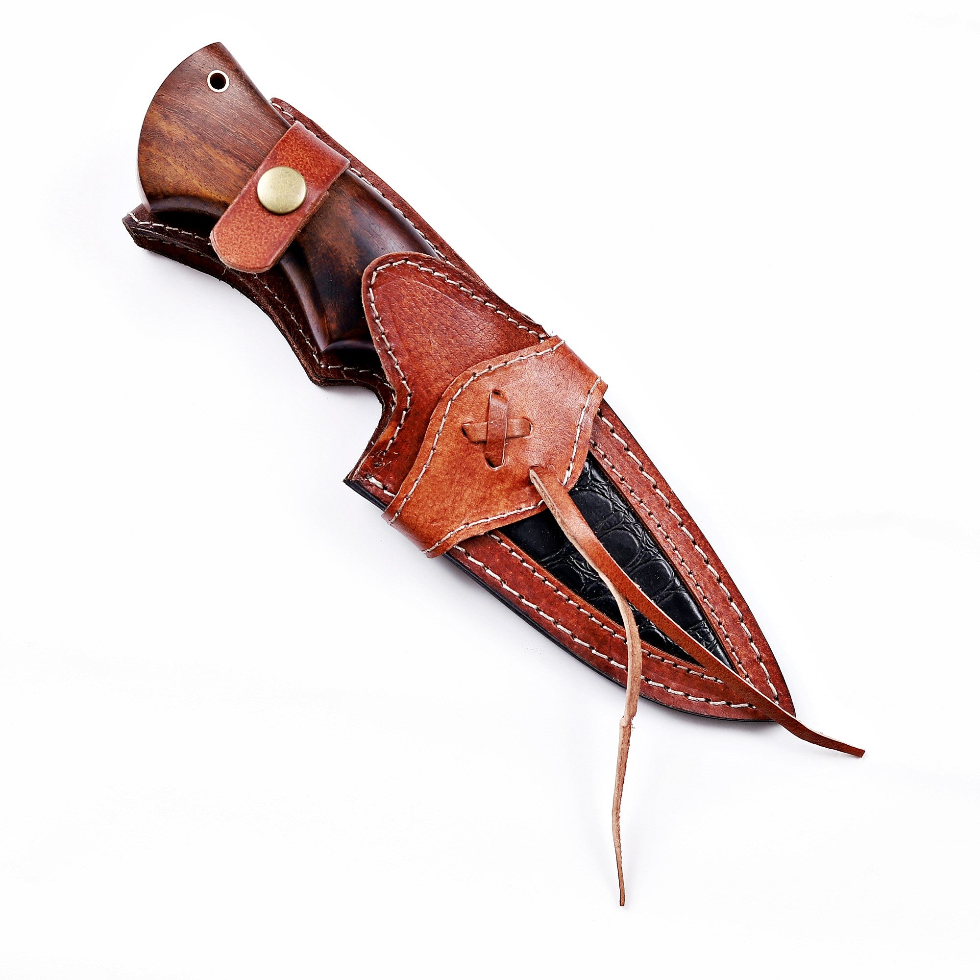 Handmade Damascus Hunting Knife Rosewood Fixed Blade w Leather Sheath