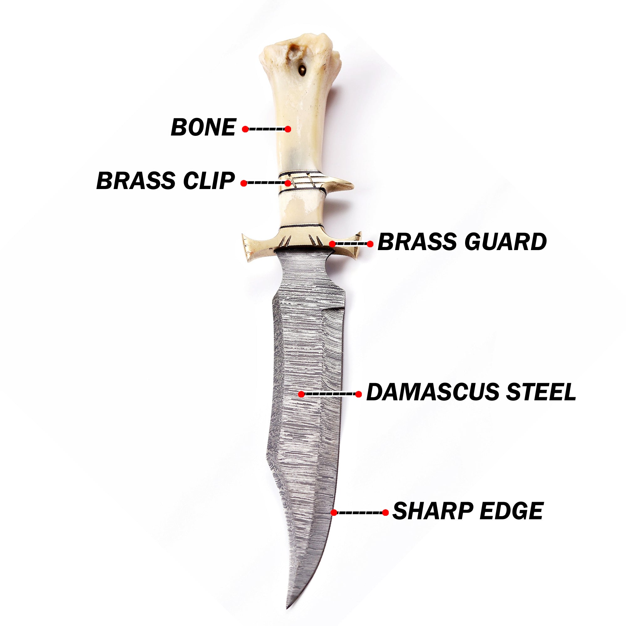 Handmade Damascus Bowie Knife Bone Handle Fixed Blade w/ Leather Sheath