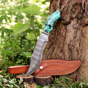 Handmade Damascus hunting knife with blue resin handle