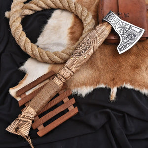 Hand forged Viking axe with ash wood handle