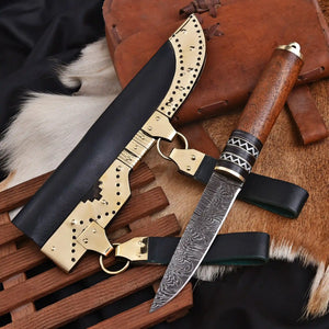 Hand forged Viking Seax knife with Damascus steel blade