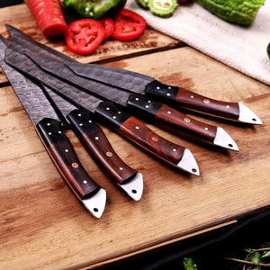Premium Damascus steel kitchen knives with rosewood handles