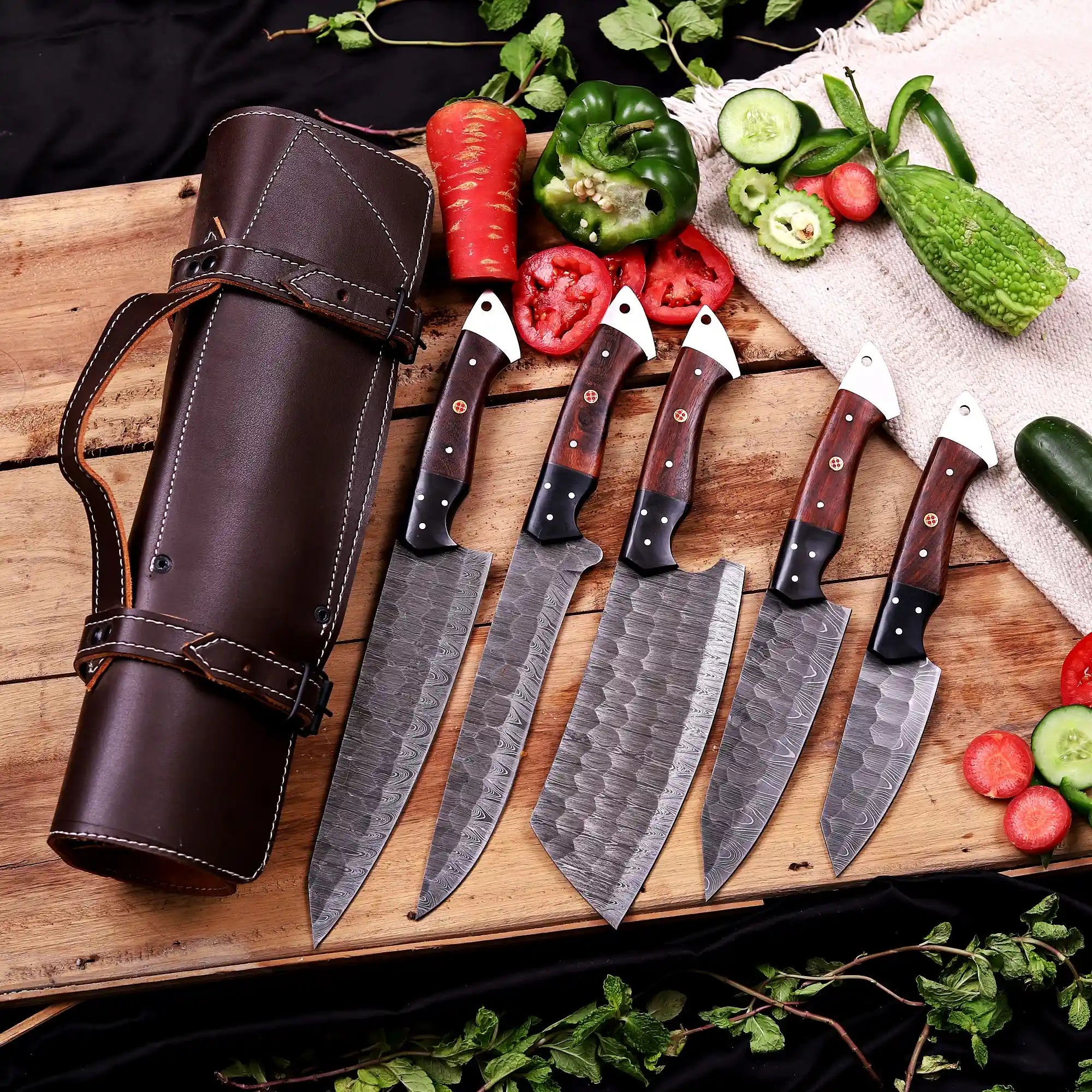 Handmade Damascus Chef Knife Set – 5 Piece Kitchen Knife Collection with Leather Roll
