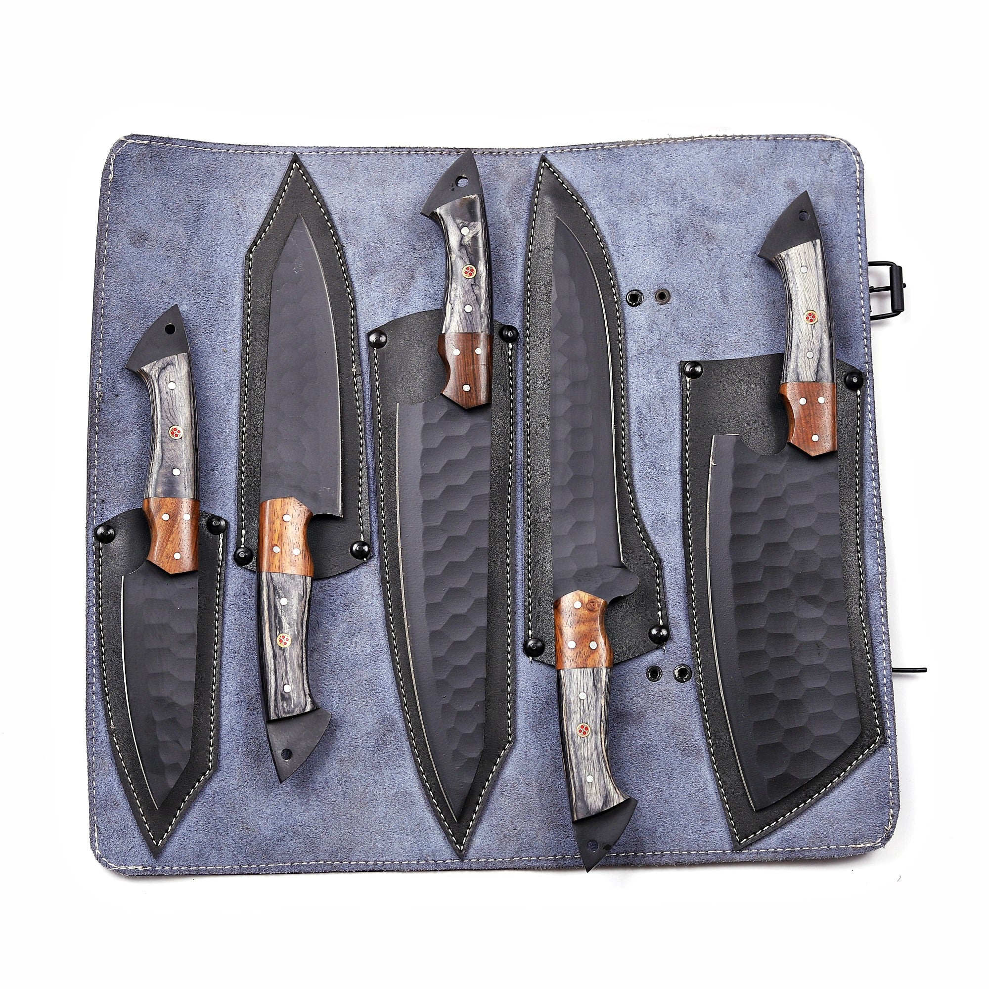 Handmade 5pc Damascus Chef Knife Set Rosewood Handle Leather Roll Kitchen