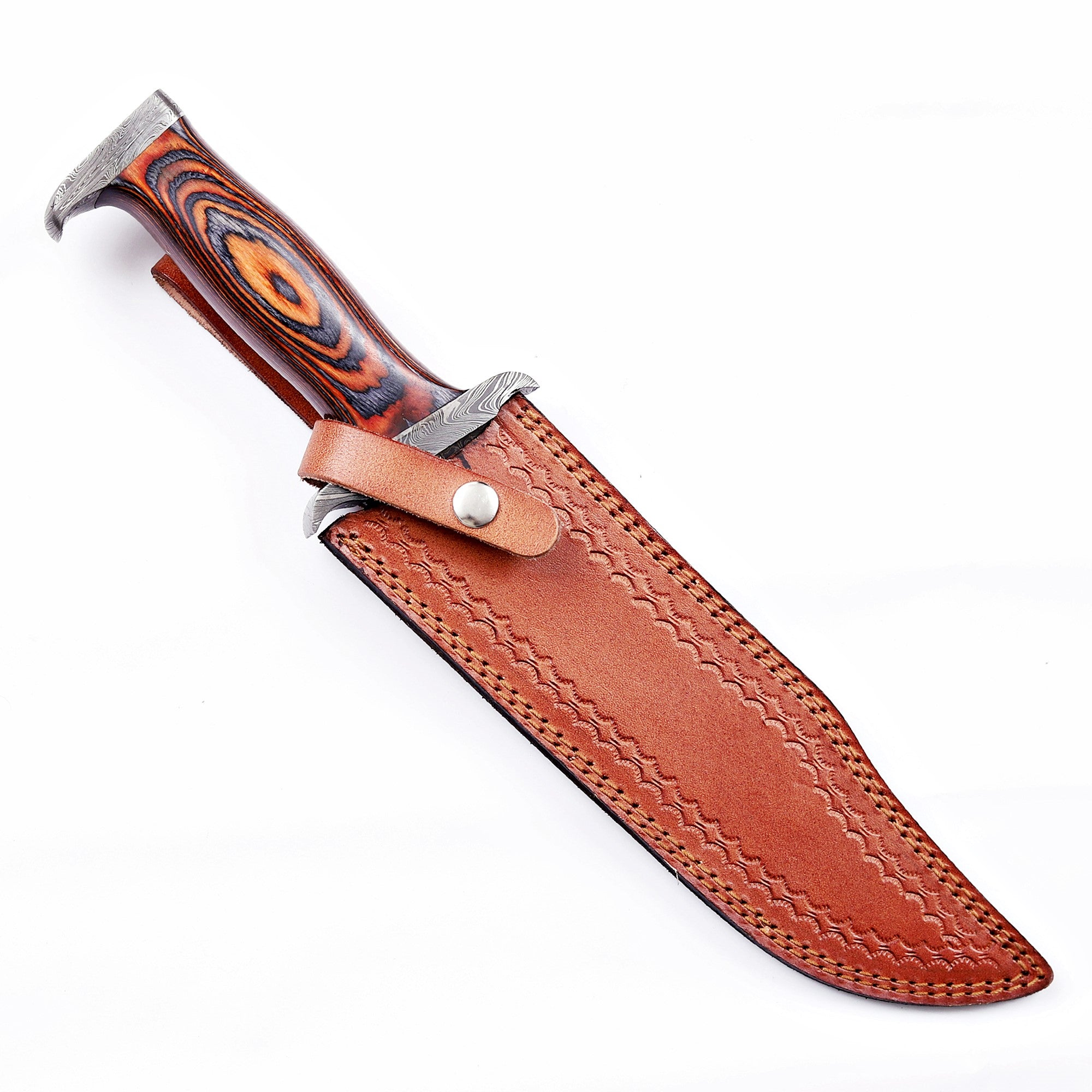 Handmade Damascus Bowie Knife Stag Bone Handle Fixed Blade w Leather Sheath