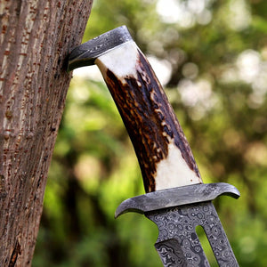 Handmade Damascus Bowie knife with stag-style bone handle