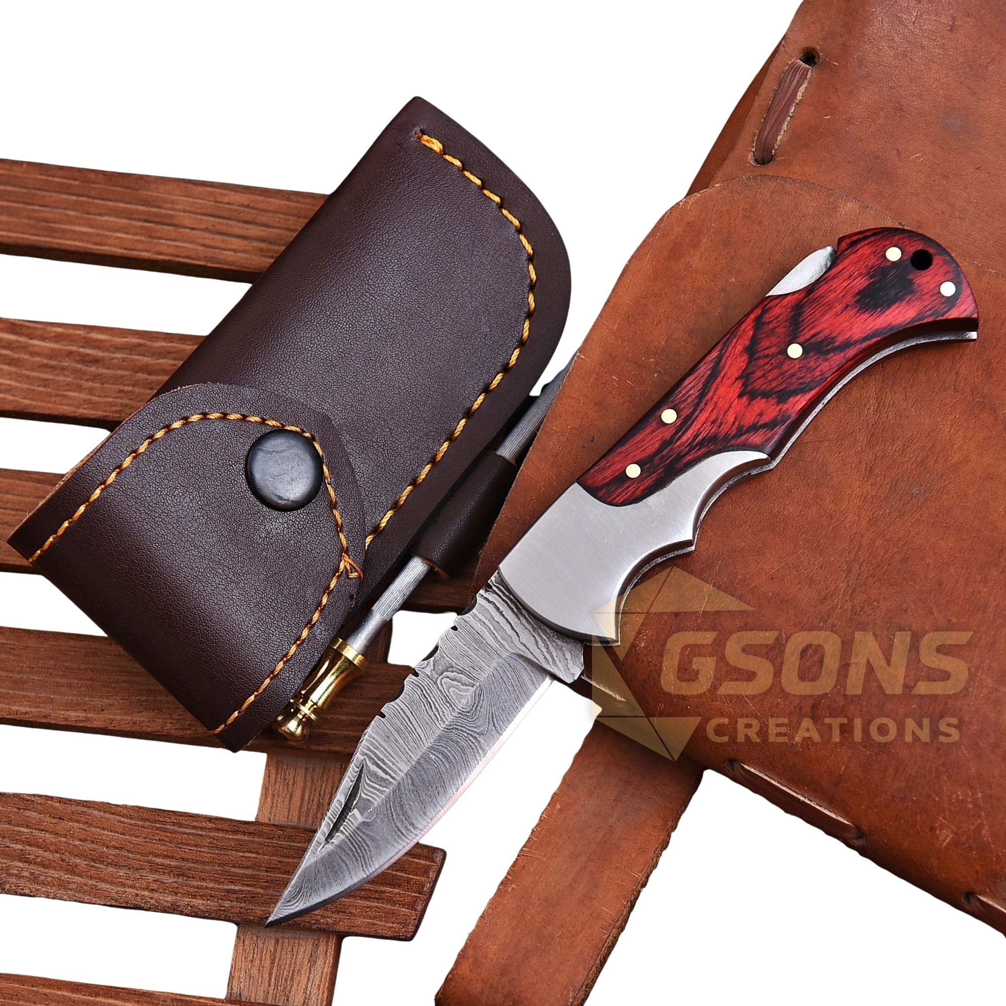 Handmade Damascus Folding Pocket Knife EDC Back Lock w Leather Sheath Gift