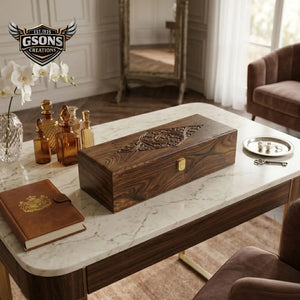 Hand carved rosewood knife storage box with artisan detailing