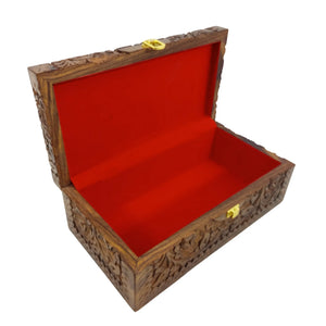 Wooden jewelry box with red interior velvet
