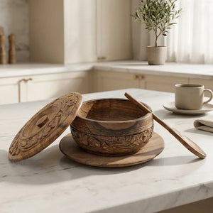 Hand Carved Wooden Sugar Pot with Spoon