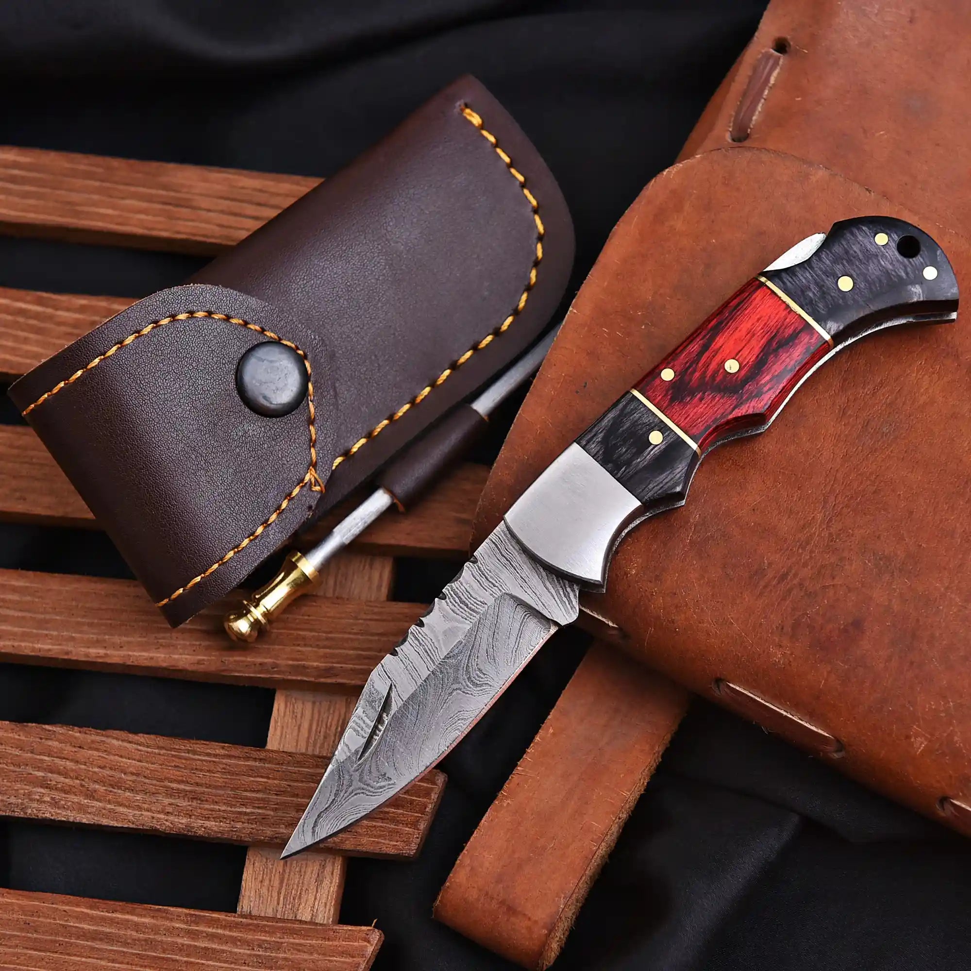Damascus steel pocket knife handcrafted by artisans