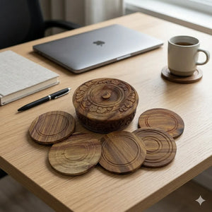 Hand carved rosewood coaster set with matching holder