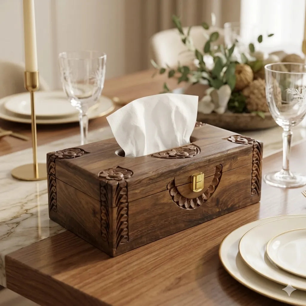 Hand carved wooden tissue box cover with floral rosewood design