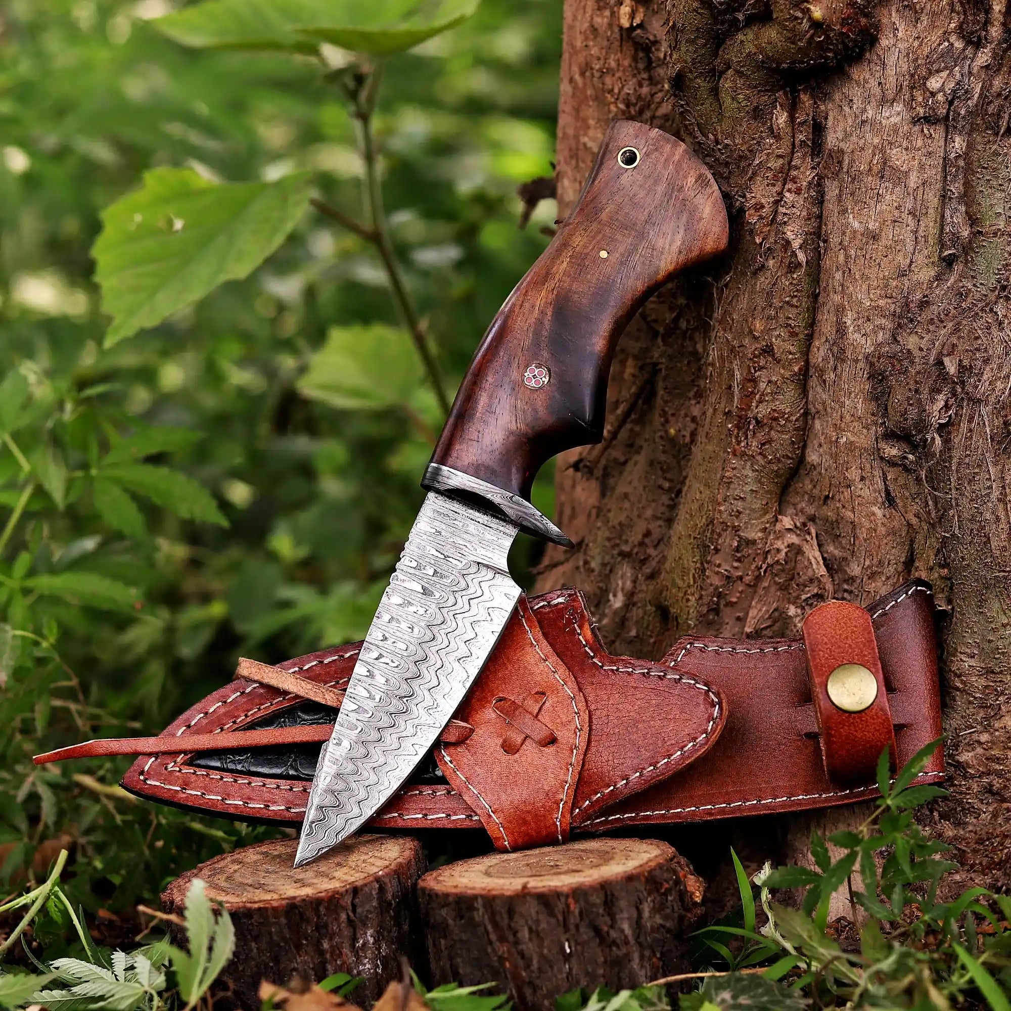 Knife with wooden handle and leather sheath on tree stump in forest setting