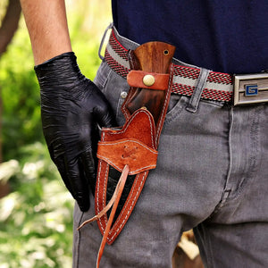 Damascus camping knife with genuine leather sheath