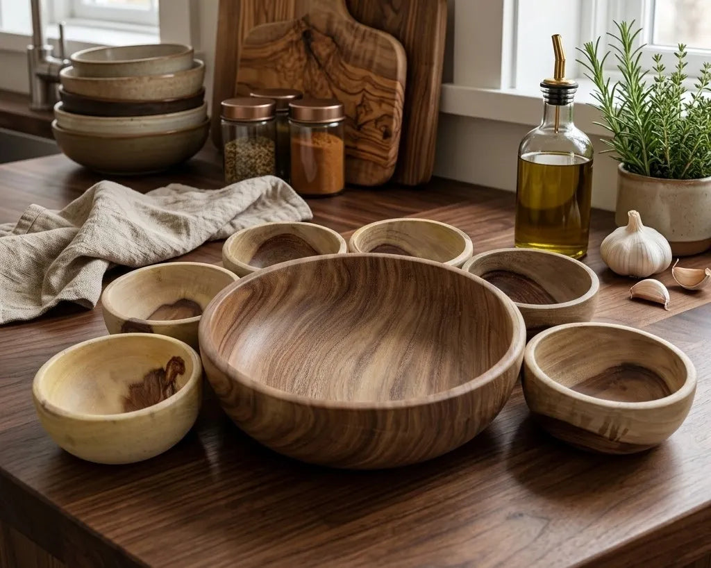 Rustic wooden serving bowl set handcrafted from solid rosewood