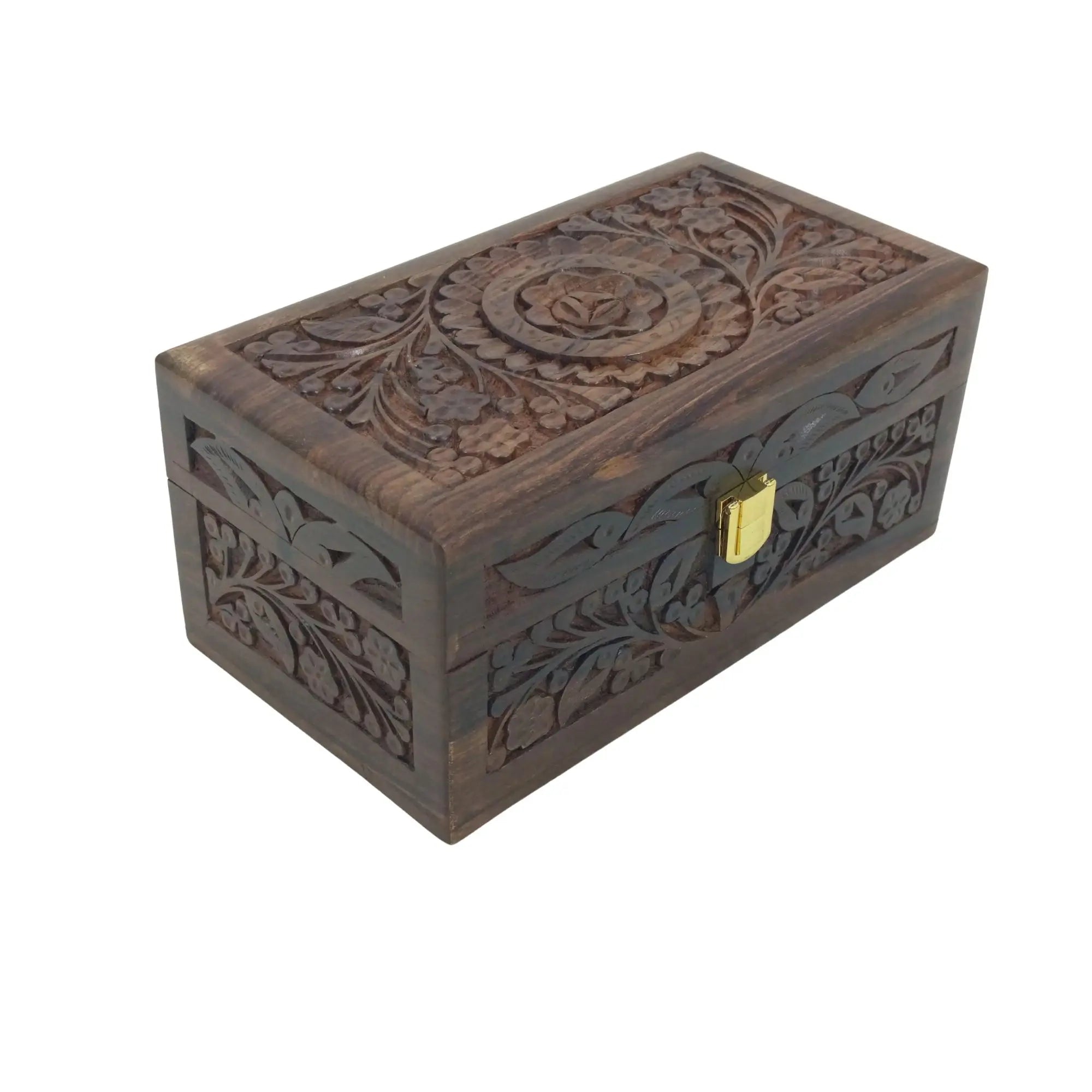 Wooden box with intricate carvings and a gold lock