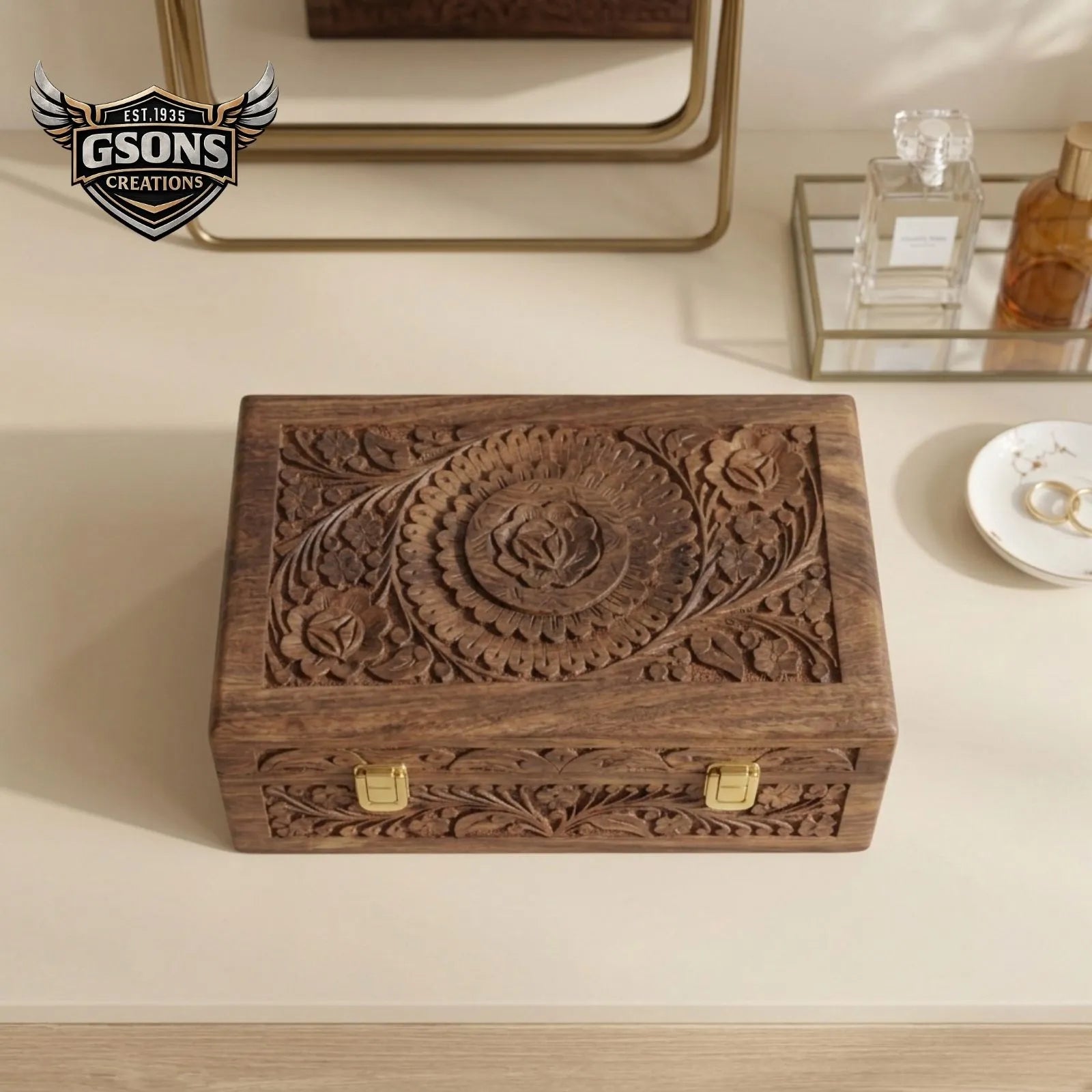 Large hand carved rosewood keepsake box with floral detailing
