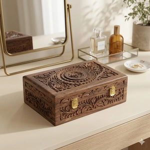 Large hand carved rosewood keepsake box with floral detailing