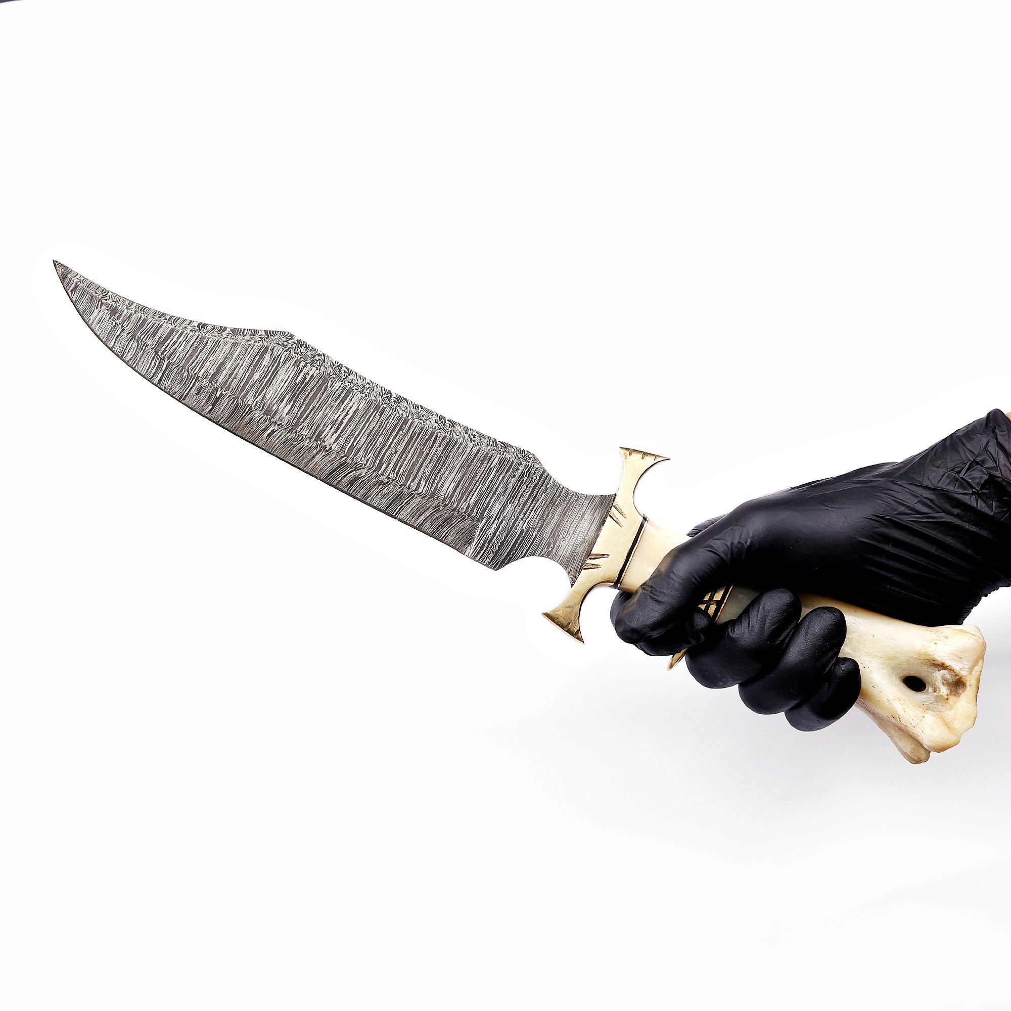 Handmade Damascus Bowie Knife Bone Handle Fixed Blade w/ Leather Sheath