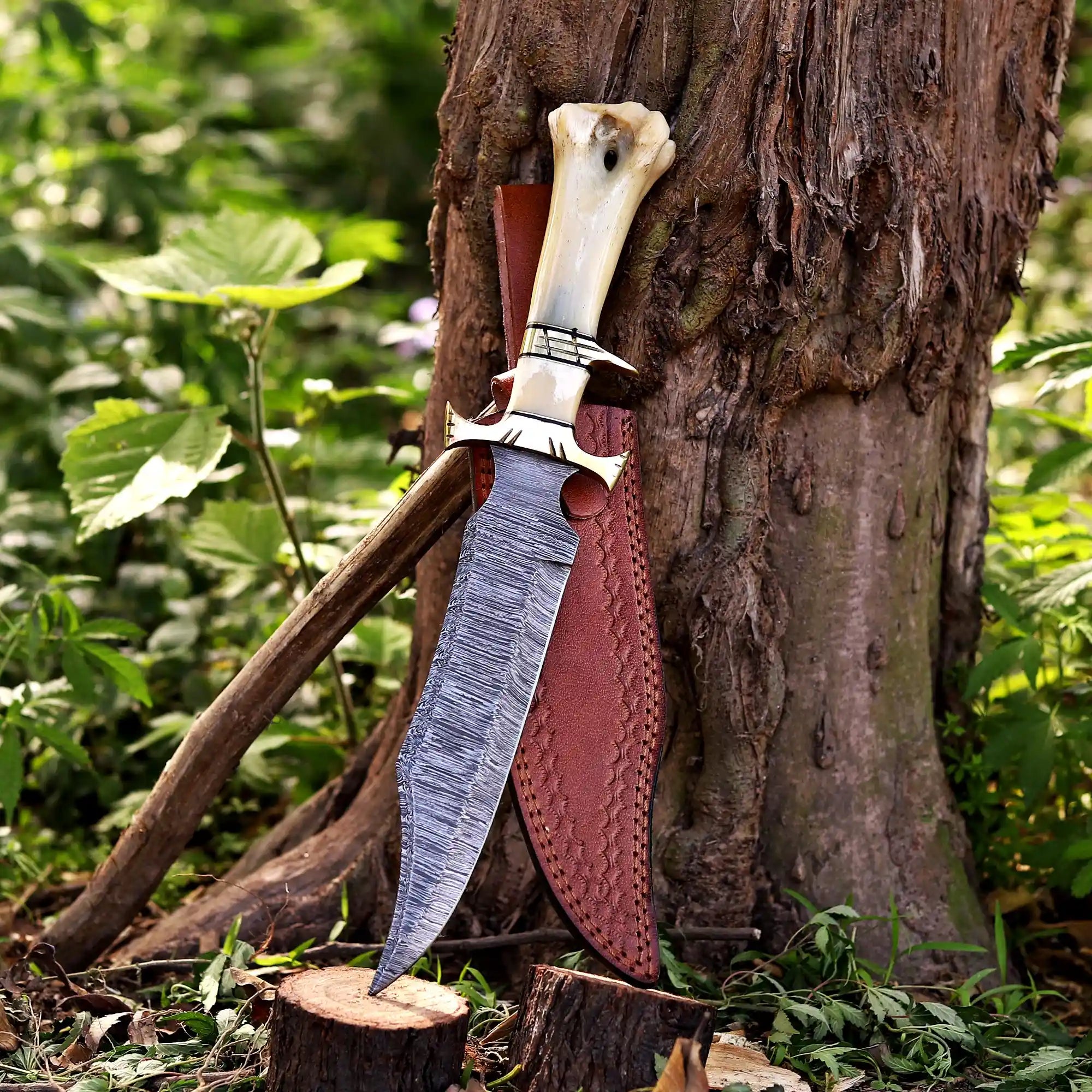 Hand forged Damascus Bowie knife with bone handle