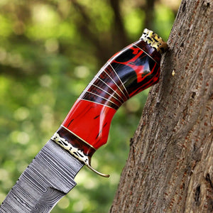 Damascus hunting knife with colorful resin handle