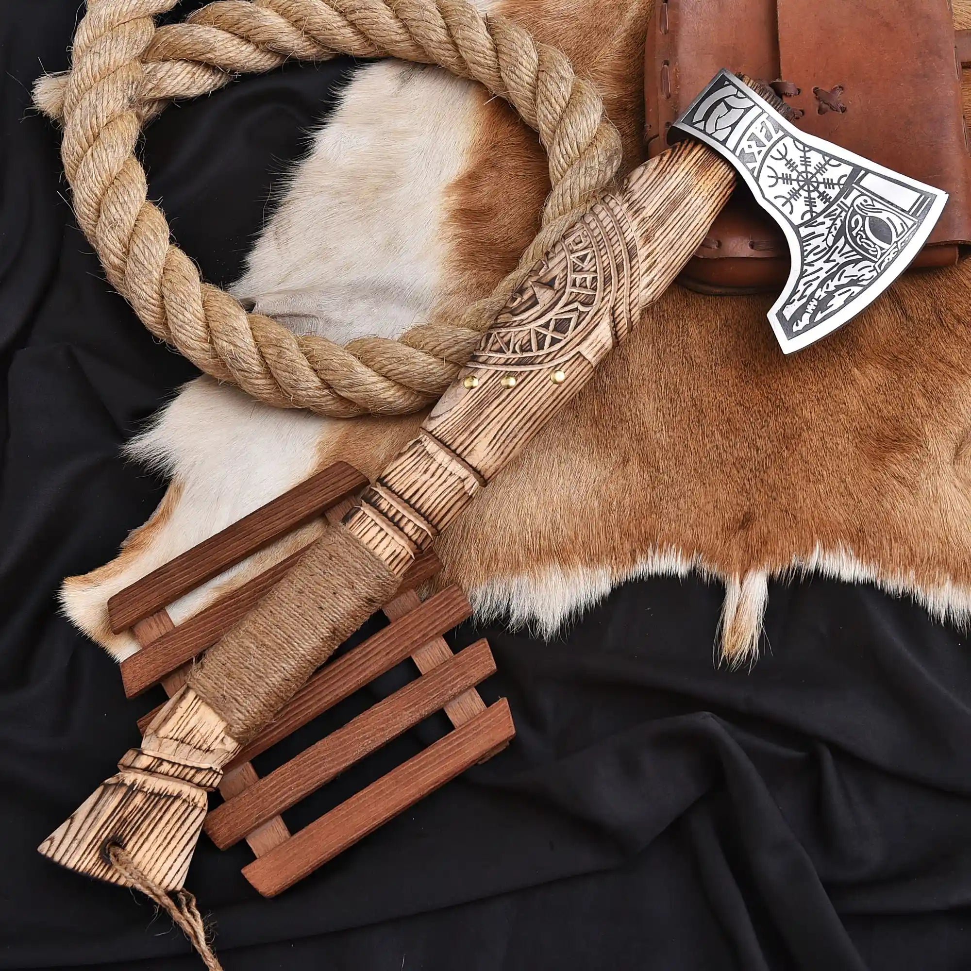 Hand forged Viking axe with ash wood handle