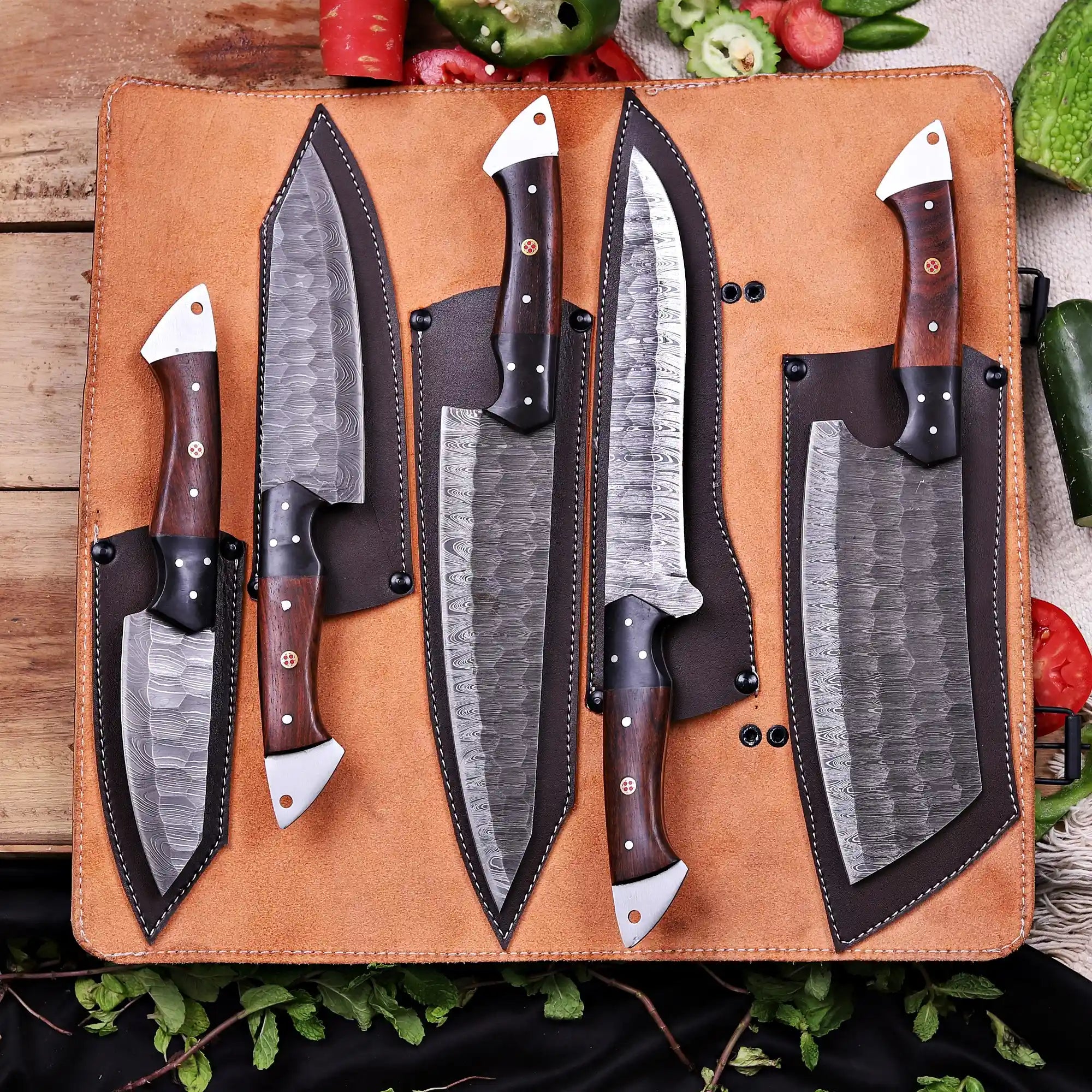 Handmade Damascus chef knife set with leather roll