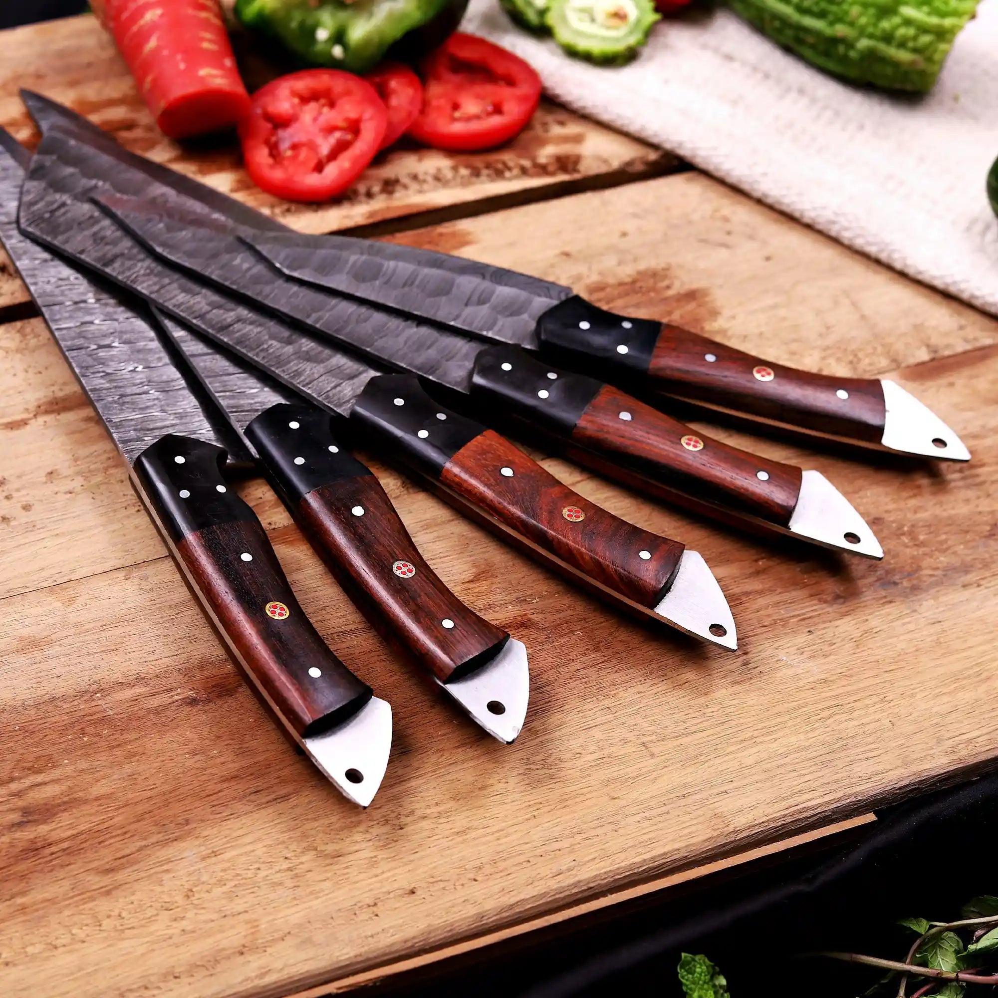 Premium Damascus steel kitchen knives with rosewood handles