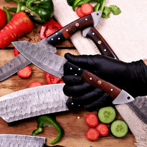 Close-up of Damascus steel blade pattern on kitchen knife
