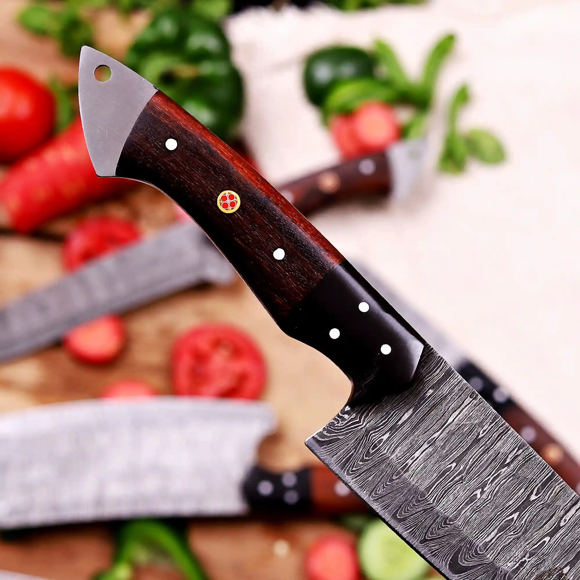Close-up of wood handle with Brass Mosaic on kitchen knife