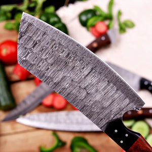 Close-up of Damascus steel blade pattern on kitchen knife