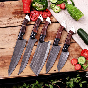 Handmade Damascus chef knife set with leather roll