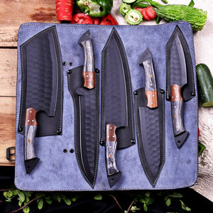 Professional kitchen knife collection with leather case