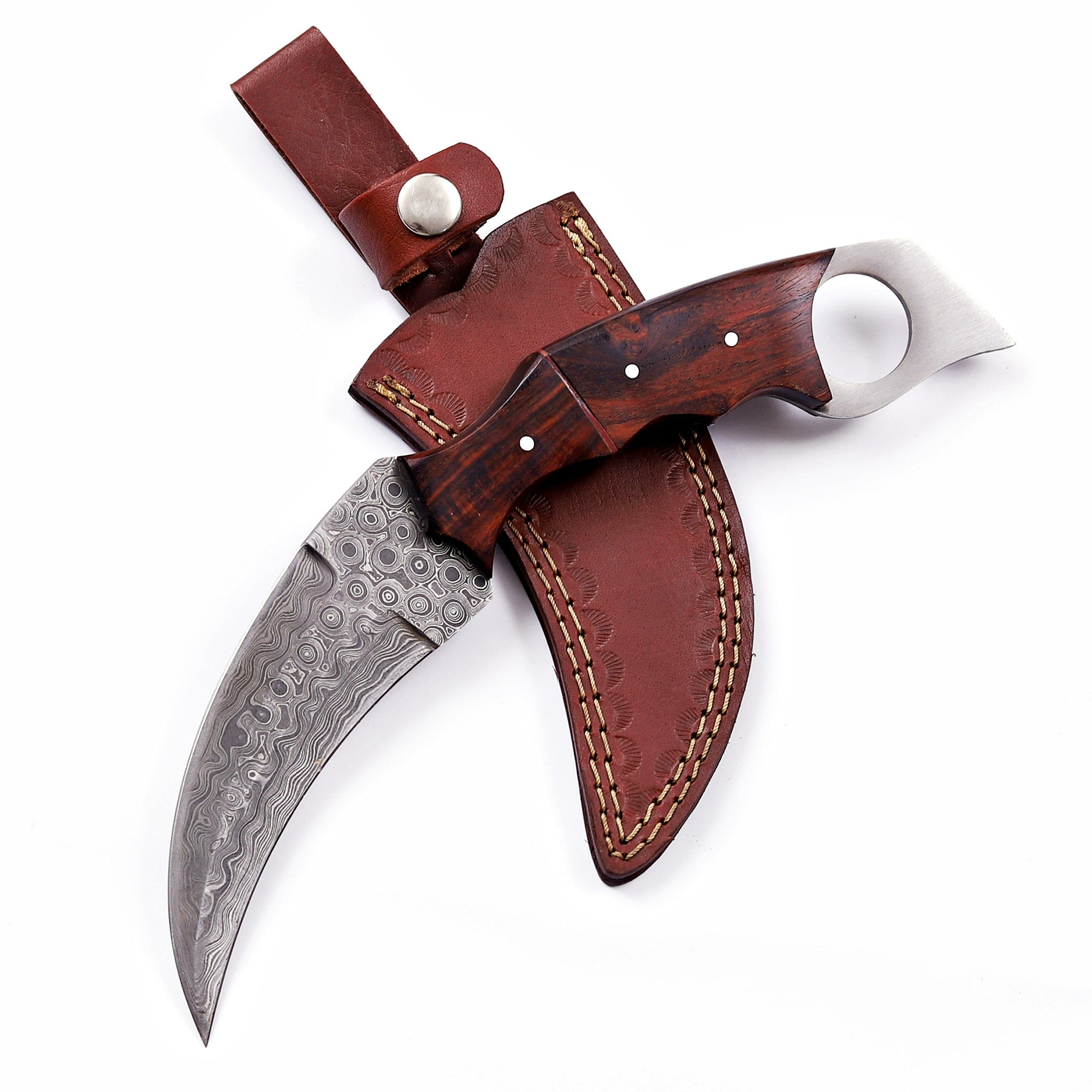 Handmade Damascus Karambit Knife Rosewood Handle w Leather Sheath
