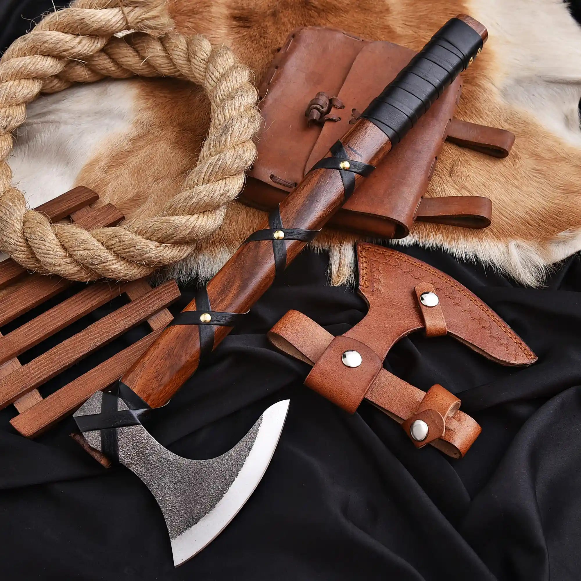 Hand forged bearded Viking axe with hardwood handle