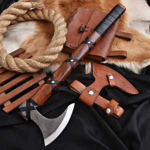 Hand forged bearded Viking axe with hardwood handle