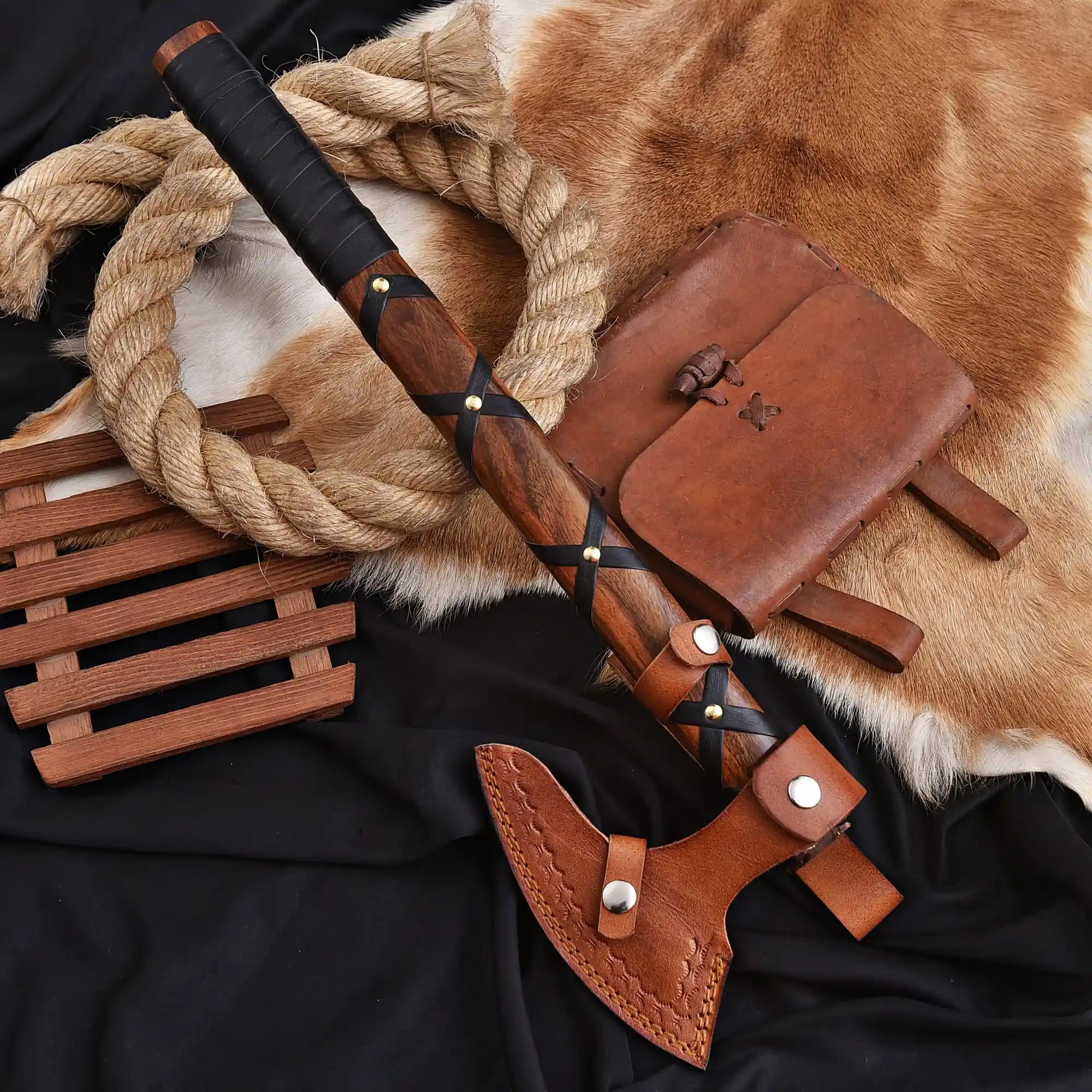 Bearded Viking hatchet with leather sheath