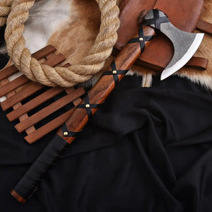 Hand forged bearded Viking axe with hardwood handle