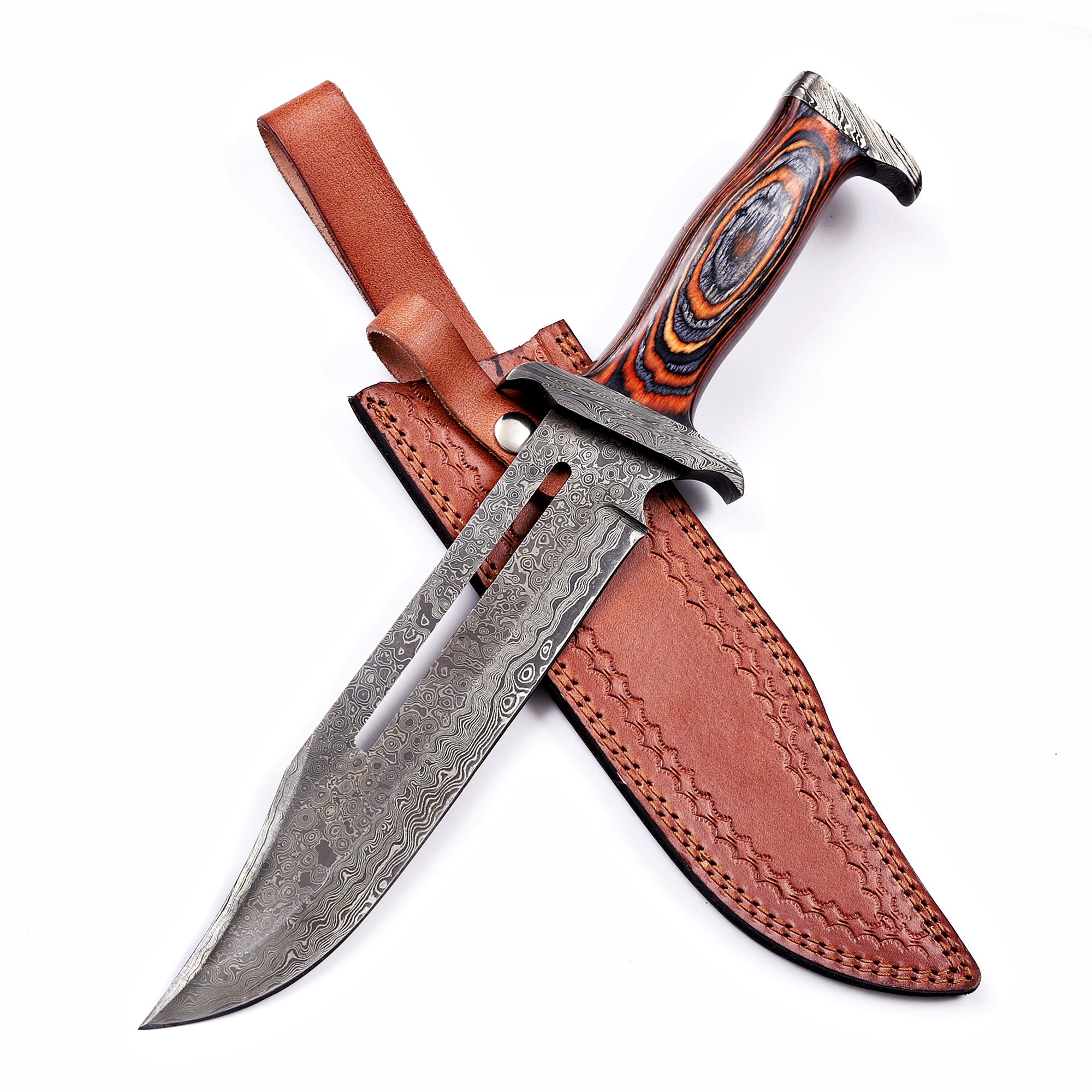 Handmade Damascus Bowie Knife Stag Bone Handle Fixed Blade w Leather Sheath
