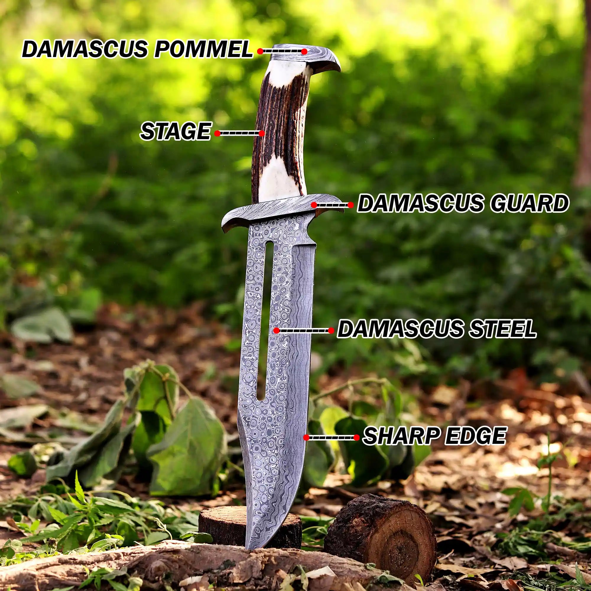 Handmade Damascus Bowie knife with stag-style bone handle 