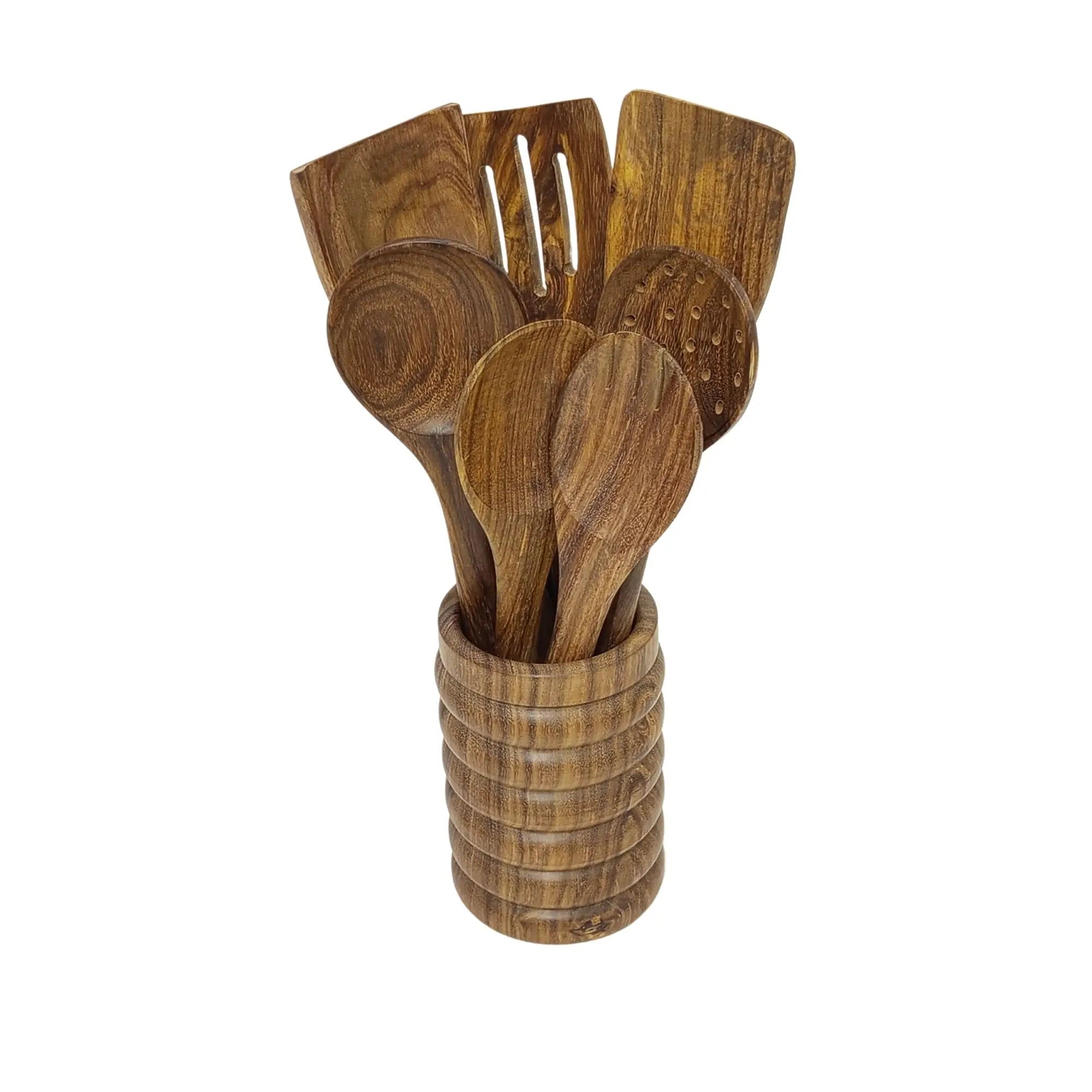 8 piece wooden kitchen utensil set with matching holder