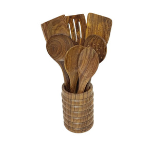 8 piece wooden kitchen utensil set with matching holder